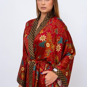 Red Floral Silk Kimono Robe: Batik Boho Loungewear with Headband