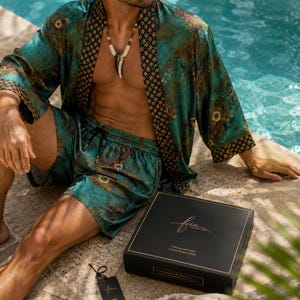 Mens Kimono Robe Set | Bali Batik Satin Resort Wear | Matching Robe and Boxers.