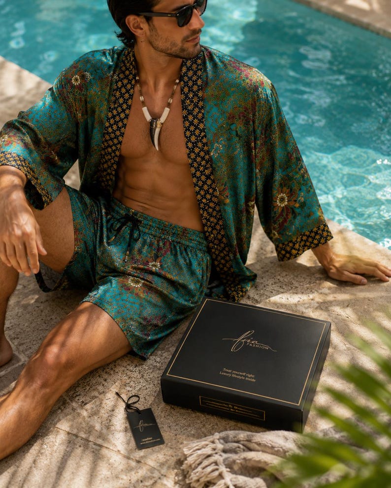 Mens Kimono Robe Set | Bali Batik Satin Resort Wear | Matching Robe and Boxers.