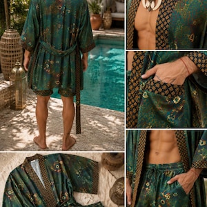 Mens Kimono Robe Set | Bali Batik Satin Resort Wear | Matching Robe and Boxers.
