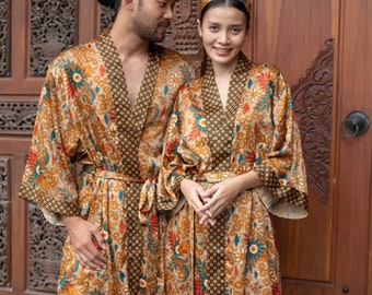 Set of 2 Atlas Silk Satin Blend Kaftan  Kimono robe long for couple Luxury resort robe Exotic bohemian Atlas Silk blend from Bali .