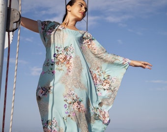 Summer Dres luxury handcrafted Kaftan for Yacht and Vacation. Silk blendet Flower Kaftan  for Festival ,Gift for love one ,Boho Chic Dress