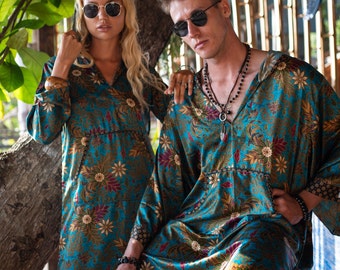 Blended Silk Kimono Kaftan Robe for Men, Women - Partywear Kimono Dress Silk Satin Robe - Set of 2 Hooded Kaftan Kimono Robe Gift for Couple