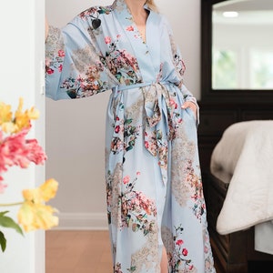 Turquoise Style Long Floral Silk Kimono Robe Silk Kimono Dressing Gown with Belt Turquoise Kaftan Kimono Robe Night Wear Robes for Women image 4
