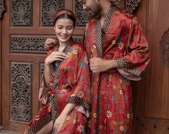 Boho Red Kimono Robe Set, Silky  Bali Batik, Couples Loungewear