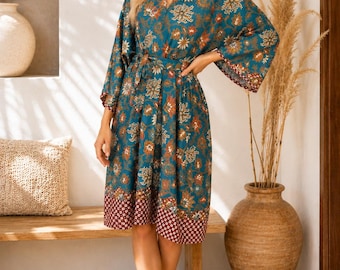 Green Floral Kimono Robe: Boho Bali Style, S-XXL, Spirit Free from Bali
