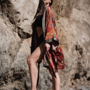 Red Atlas Silk Blend Kimono Robe: Boho Bali Loungewear
