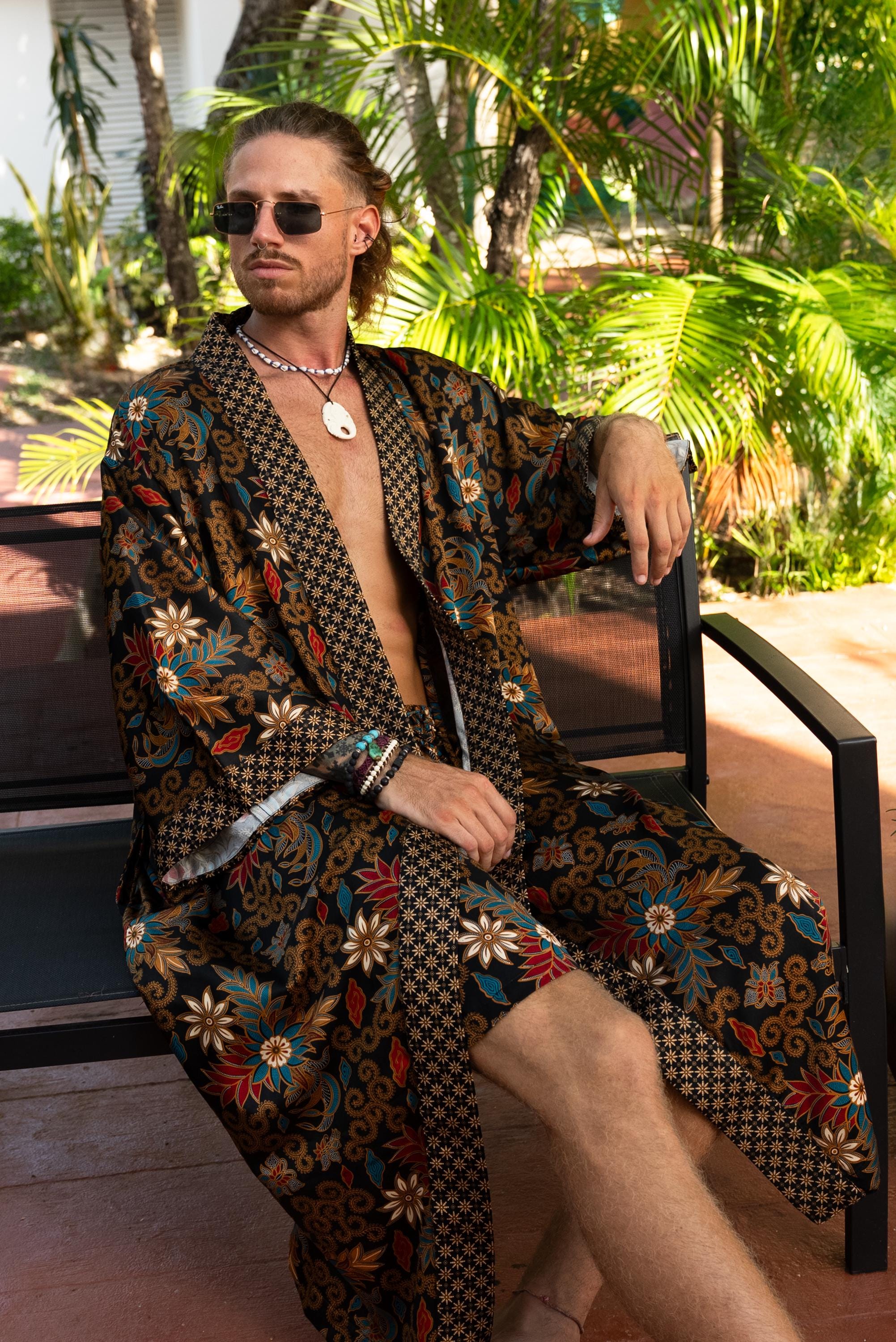 Long black Boho Kimono Robe Set - Silk Blend Robe with Matching Boxers – Bali Loungewear – Lightweight Resort Spa Outfit - silk robe men