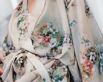 Long Sleeve Silk Kimono Robe Bridal Robe - Floral Bridesmaid Robe Honeymoon Silk Robe - Blended Silk Kimono Robe with Side Hand Pocket