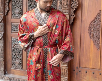 Red Bali Batik Silky Men  Kimono Robe, Bohemian Style for men