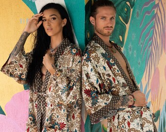 Batik Kimono Robe Set: Hand-Printed Boho Couple luxury resort wear.
