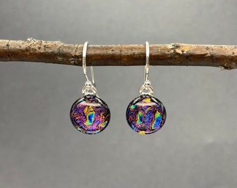 Purple Rainbow Dichroic Glass and Sterling Silver Earrings