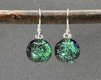 Emerald Green Dichroic Glass Earrings | Sterling Silver Dangles