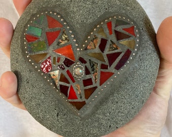 Stained Glass Mosaic Garden Stone in ruby reds
