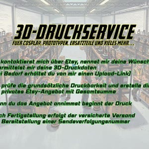 Könnte beinhalten: Eine Werbegrafik für einen 3D-Druckservice mit einer Lagerhallen-Illustration, 3D-Druckern und Arbeitern. Der Text lautet: 3D-DRUCKSERVICE FUER COSPLAY, PROTOTYPEN, ERSATZTEILE UND VIELES MEHR, gefolgt von einer vierstufigen Anleitung zur Bestellung.