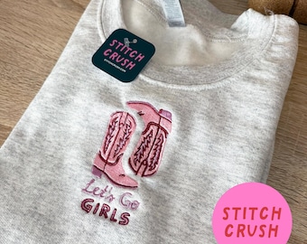Sudadera de cuello redondo bordada con la frase "Let's Go Girls Western Rodeo Cowgirl"
