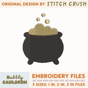 Puede incluir: Un diseño de bordado que muestra un caldero negro con un líquido dorado texturizado burbujeante y tres burbujas doradas flotando encima. El texto dice ORIGINAL DESIGN BY STITCH CRUSH, BUBBLY CAULDRON, EMBROIDERY FILES, 3 SIZES: 1 IN, 2 IN, 3 IN FILES.