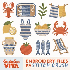 12 Designs | La Dolce Vita Italian Summer Embroidery Design Bundle | Mini Embroidery Icon Files | Sardines, Lemon, Beach, Machine Embroidery