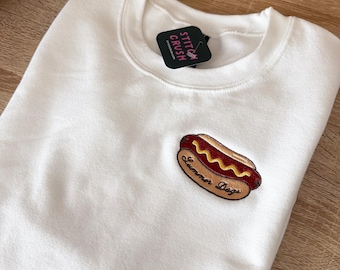 Chiens d'été, sweat-shirt ras du cou blanc brodé hot-dogs