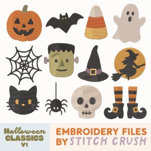 Puede incluir: Una colección de doce diseños de bordado con temática de Halloween que incluye una calabaza, un murciélago, un dulce de maíz, un fantasma, una telaraña, un monstruo de Frankenstein, un sombrero de bruja, una bruja, un gato negro, una araña, una calavera y medias a rayas con botas.