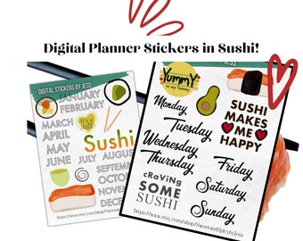 Pegatinas de sushi y Washi de sushi, pegatinas del planificador mensual para GoodNotes