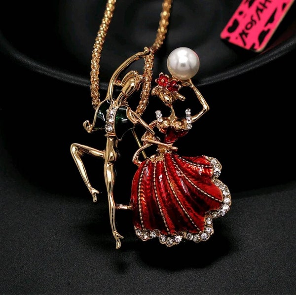 Betsey Johnson Necklace & Brooch - Elegant Dancers, Red