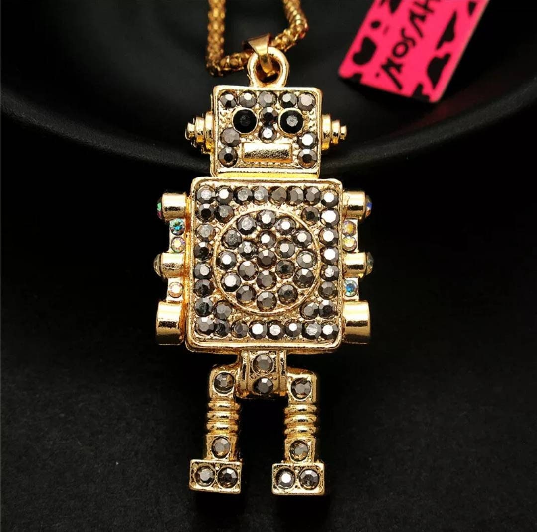 Sparkly Robot Necklace Betsey Johnson Black and Gold - Etsy
