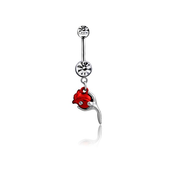 14g Dangle Belly Button Ring Red Rose Surgical Etsy