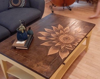 SOLD, Contact me for similar, Refinished Coffee Table, Sunflower Table, Stain Art Table, Wood Stain Artwork, Unique Furniture, Hand Painted