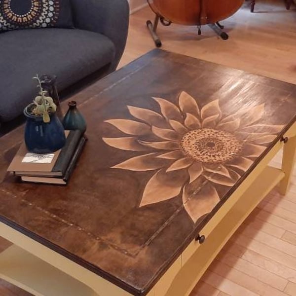 SOLD, Contact me for similar, Refinished Coffee Table, Sunflower Table, Stain Art Table, Wood Stain Artwork, Unique Furniture, Hand Painted