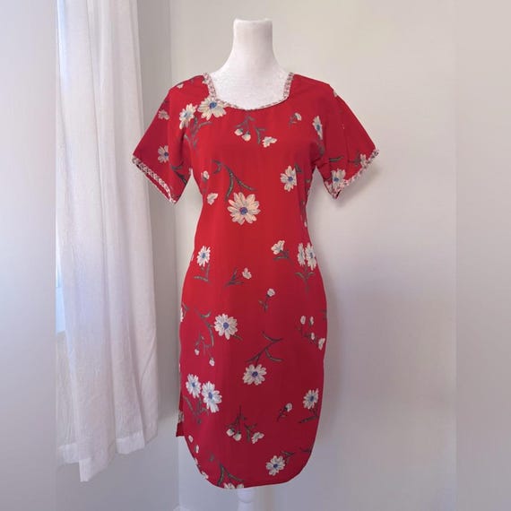 Vintage '70s Handmade Red Floral Print Short Sleeve Midi Dress w/ Side Slits