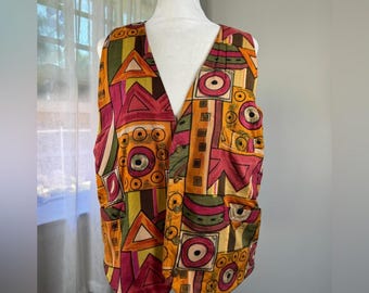Vintage jaren 90 Bruno uniseks hemd met veelkleurige abstracte print en v-hals button-down