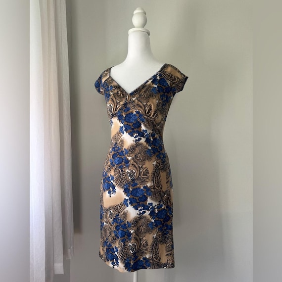 Vintage Y2K Venus USA Blue & Brown Floral Print Cap Sleeve Bodycon Mini Dress