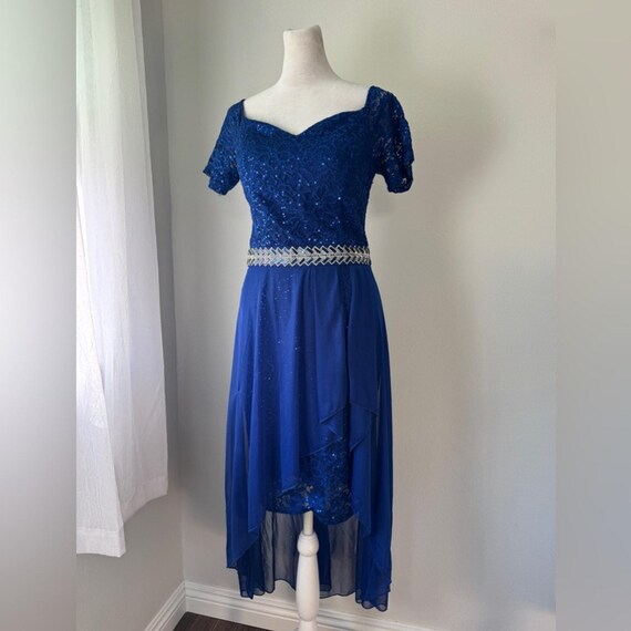 Vintage Y2K Rory U.S.A. Royal Blue Sequined Beaded High Low Short Sleeve Dress Vintage Y2K Rory U.S.A. Royal Blue Sequined Beaded High Low Short Sleeve Dress