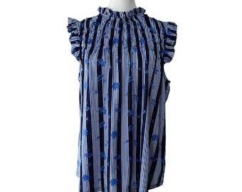 Como Black Blue & White Floral Striped Ruffled Blouse