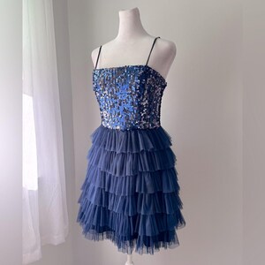 delia's homecoming dresses Vintage Y2K Delia*s Dark Blue Sequined Spaghetti Strap Tiered Mini Dress Formal wear