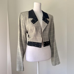 Vintage ‘90s Dawn Joy Greige & Black Gold Studded Cropped Lightweight Blazer