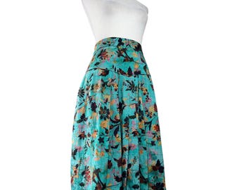 Peruvian Connection Teal Floral Print Spódnica midi plisowana w kształcie litery A