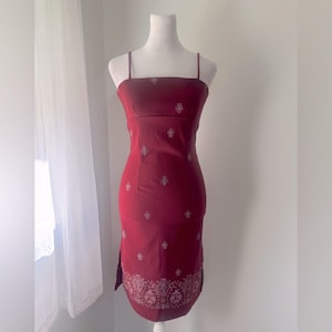 Vintage Y2K Fave Burgundy Spaghetti Strap Bodycon Midi Dress w/ Side Slits