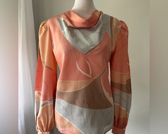 Vintage jaren 80 Anne Klein for New Aspects perzikkleurige abstracte blouse met lange mouwen