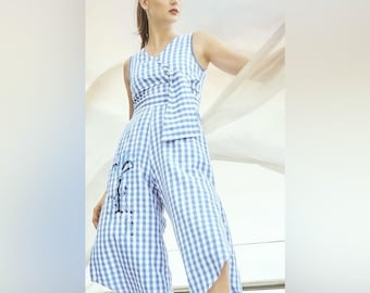 Plains & Prints Blue and White Gingham Embroidered Sleeveless Knee Length Jumpsuit
