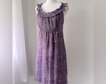Vintage ‘90s Max Studio 100% Silk Purple Leaf Print Ruffled Sleeveless Dress