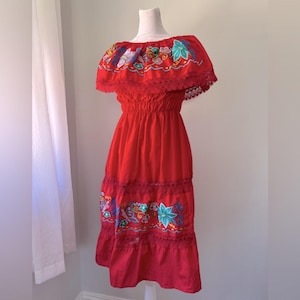Vintage ‘70s Red Floral Embroidered Lace Trim A-Line Midi Dress