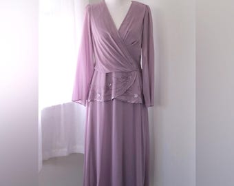 Vintage jaren 90 patra mauve midi-jurk met kralen peplum taille, v-hals en lange mouwen