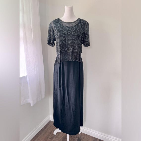 Vintage '90s Black Scoop Neck Sleeveless Maxi Dress w/ Metallic Fringed Topper