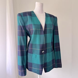 Vintage ‘90s Sassco Teal & Navy Blue Plaid Collarless Single Breasted Blazer