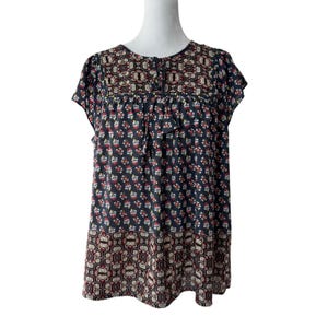 NYDJ Los Angeles Multicolored Floral Print Tie Neck Short Sleeve Blouse image 1