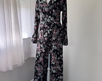 Love at First Sight Black Floral Print High Low Long Sleeve Jumpsuit