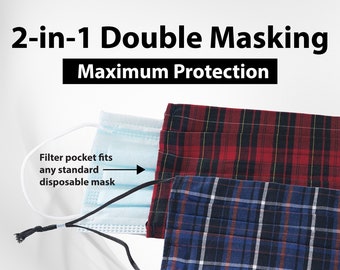 Double Masking - Max. Protection 2-in-1 Mask – face mask with filter pocket fits standard disposable masks (Plaid)