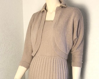 Vintage 40s 50s Lass O Scotland 2pc Sleeveless Dress & Bolero Sweater Jacket Wool Knit Beige Tan Brown Womens Small Medium EXCELLENT